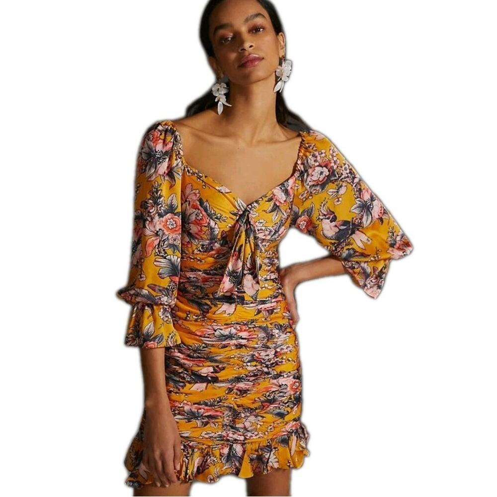 ANTHROPOLOGIE RANNA GILL Mini Dress Womens Ruched Yellow Floral Cocktail Date XS